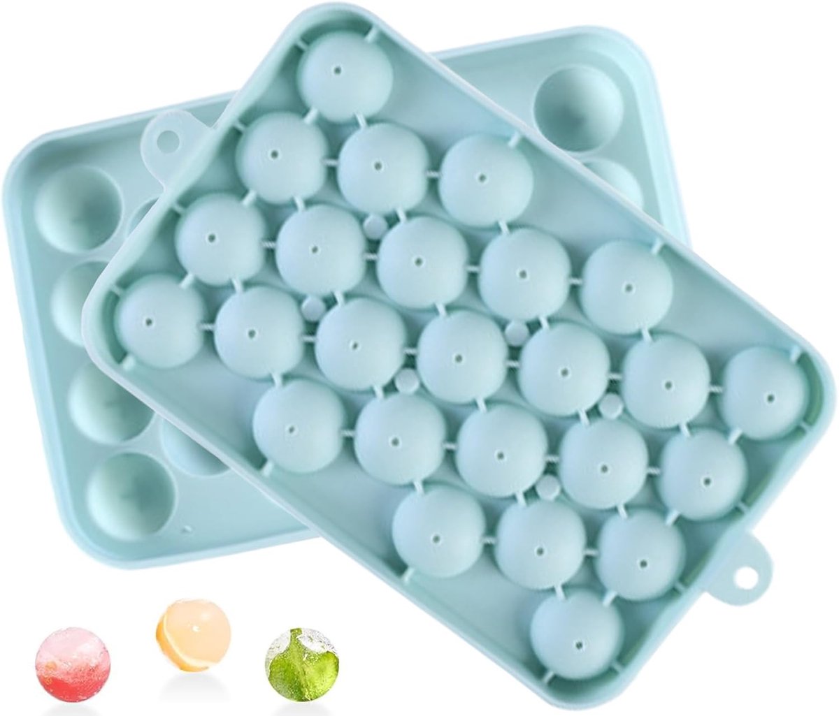 Ronde, flexibele siliconen ijsblokjesvormen met een afneembaar, herbruikbaar deksel; 25 stapelbare mini-ijsblokjesvormen voor het koelen van whisky, cocktails en koffie; BPA-vrij.