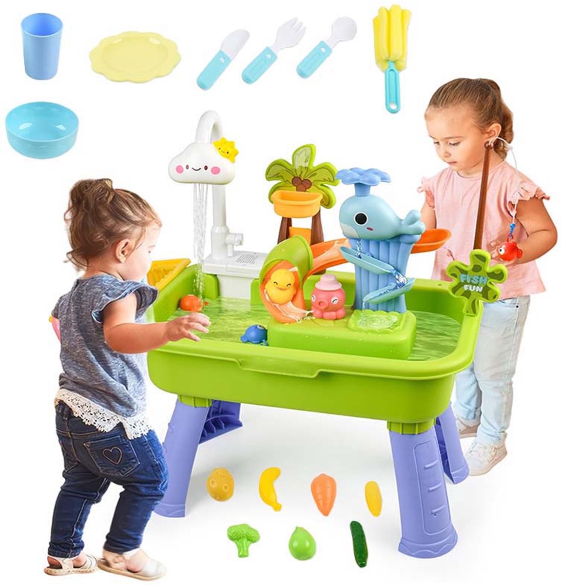 Keuken Gootsteen Waterspeelset voor Kinderen - Kinder Hengelspeelgoed met Kraan - Keuken Gootsteen Spel voor Jongens en Meisjes vanaf 3 Jaar (Groen)