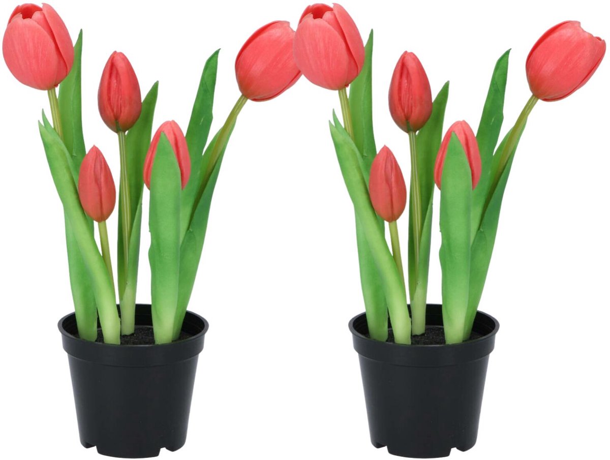 DK design Kunst tulpen Holland in pot - 2x stuks - fuchsia roze - real touch - 26 cm - levensechte kunstbloemen