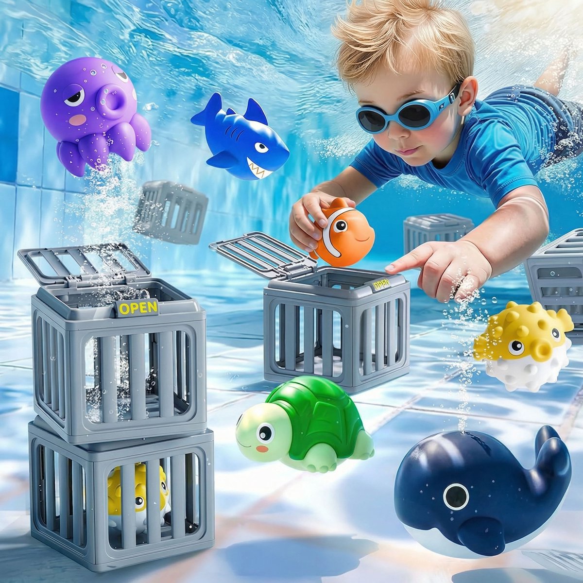 Sogiol® Duikspeelgoed - Duikspeelgoed voor Kinderen - Zwembad Speelgoed - 6 Zeedieren & 6 Duikkooien - Waterspeelgoed -voor buiten, strand, meer en zomerfeest