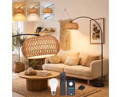 MUPOO Boho vloerlamp Booglamp met Rotan Kap met 360° draaibare arm & Marmeren voet- Hoogte Verstelbaar Staande Lamp met 3-in-1 Design & Traploos Dimbaar – Sfeerverlichting Woonkamer & Kantoor