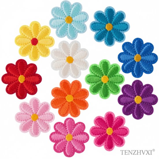 Twaalf bloemen patches in diverse kleuren: geel, lichtblauw, blauw, rood, wit, groen, oranje, paars, roze en felroze.