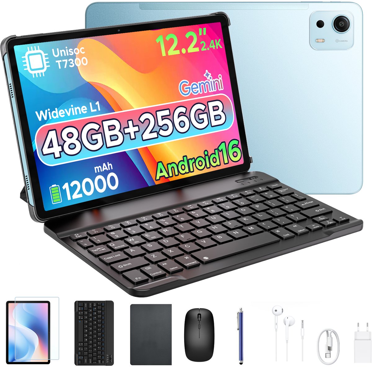 POCKAM P12 Plus - Tablet - 48GB RAM (12+36GB) + 256GB ROM (2 TB/TF) - 12,2 inch 2,4K 120Hz IPS - Android 16 - 12000mAh/18W - T7300 - Wi-Fi 5 - Bluetooth 5.0 - Quad-luidsprekers - Volledige accessoirebundel met toetsenbord en stylus