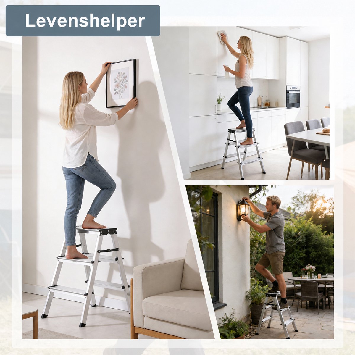 Aluminium Trapladder 3 Treden Dubbelzijdig Opvouwbaar – Huishoudtrap Breed 36,5 cm – Lichtgewicht Keukentrap – foto 7