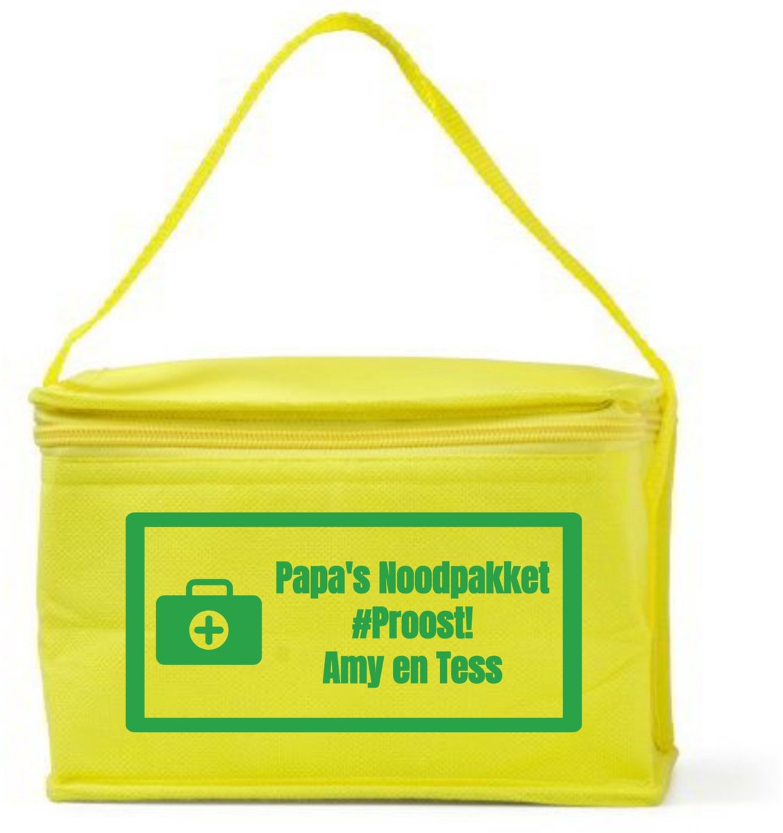Papa's Noodpakket - Sixpack koeltas - gepersonaliseerd met naam/namen van kind/kinderen - geel - vaderdag