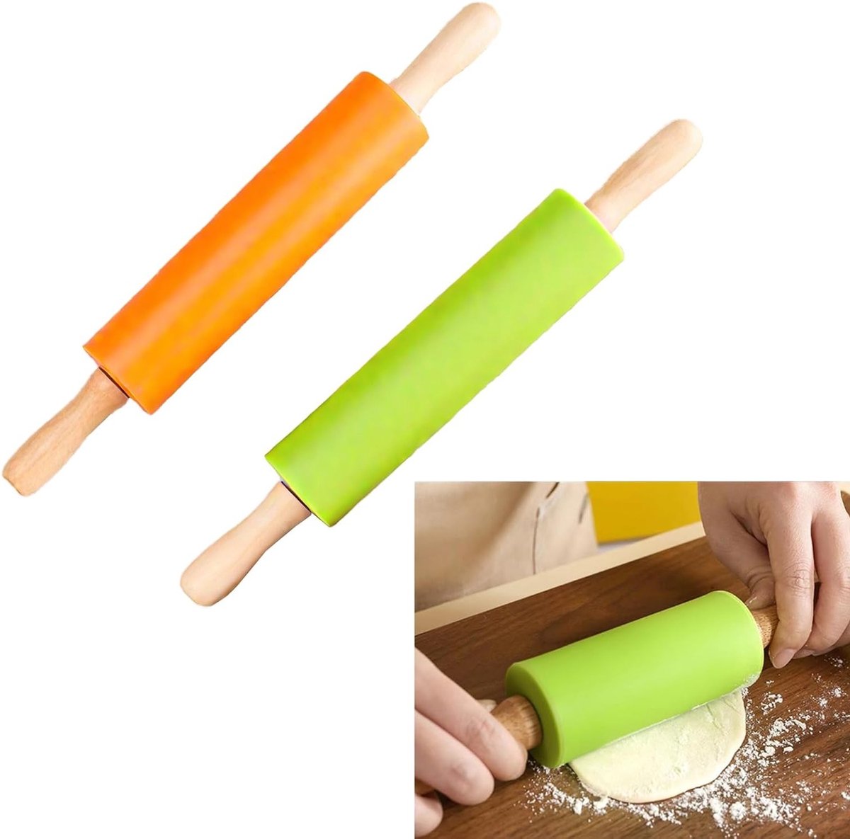 Siliconen Deegroller - Bakbenodigdheid - Deeg Uitrollen - Set van Twee - 22 cm - Groen Oranje