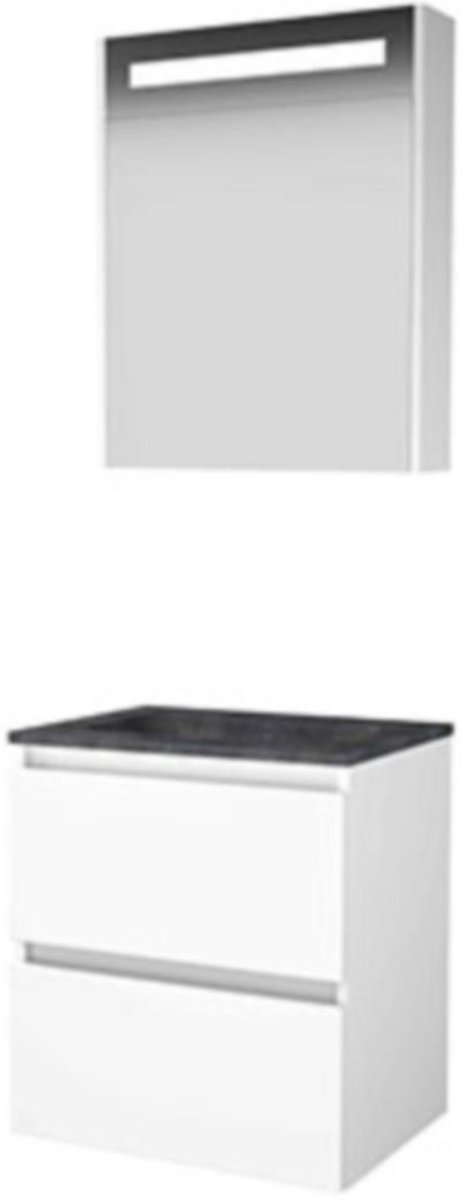 Basic-Line Premium 46 Badkamermeubelset - 60 x 46 cm - Greeploos - 2 Lades - Hardstenen Wastafel - Zonder Kraangat - Spiegelkast met LED Verlichting - Ice White