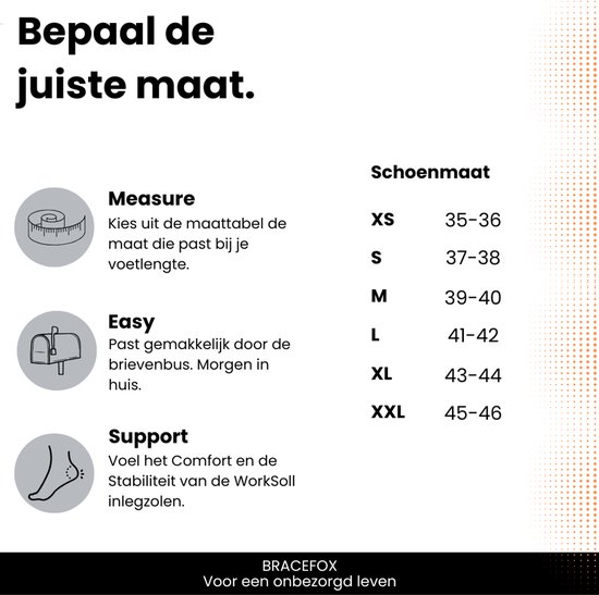 Maattabel voor Bracefox WorkSoll inlegzolen, met afbeeldingen van een rolmaat, postbus en voet.