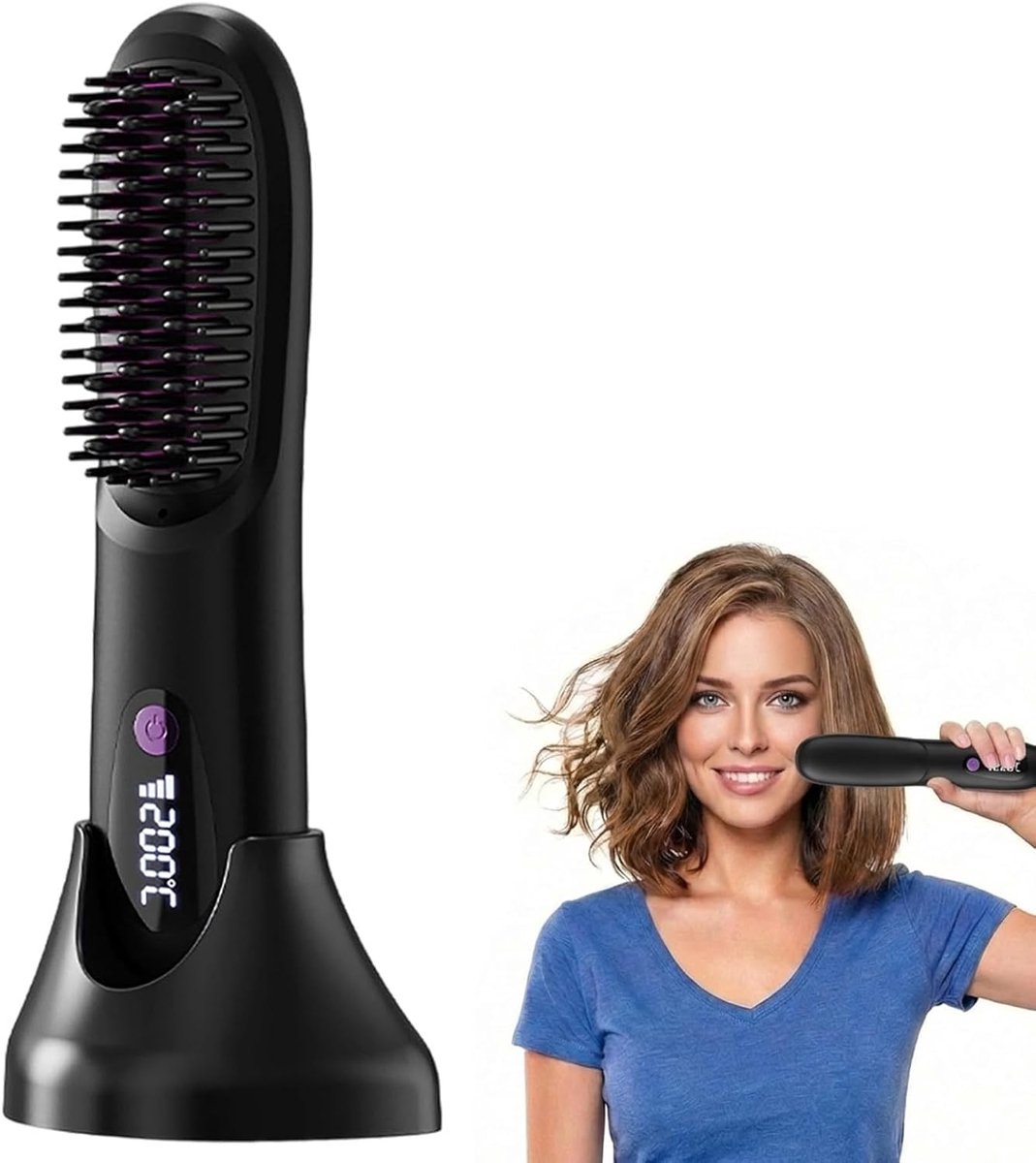 VHV - Stijltang - Draadloze stijltangborstel - Verwarmde haarborstel voor kort haar - Verwarmde styler met 3 standen - 20 seconden snelle opwarmtijd - Led-scherm - USB-opladen - Voor op reis en pluisvrije styling - Zwart