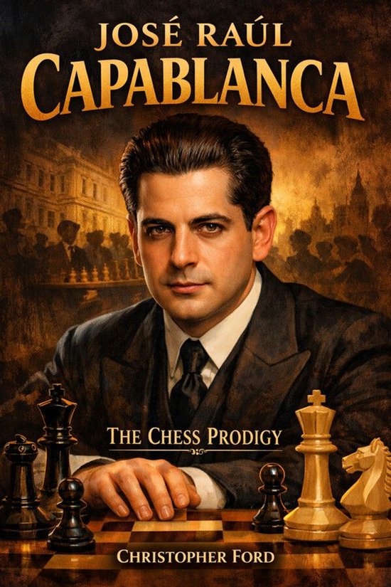 Boekomslag met de titel 'José Raúl Capablanca: The Chess Prodigy'. Een man in een pak zit achter een schaakbord met schaakstukken.