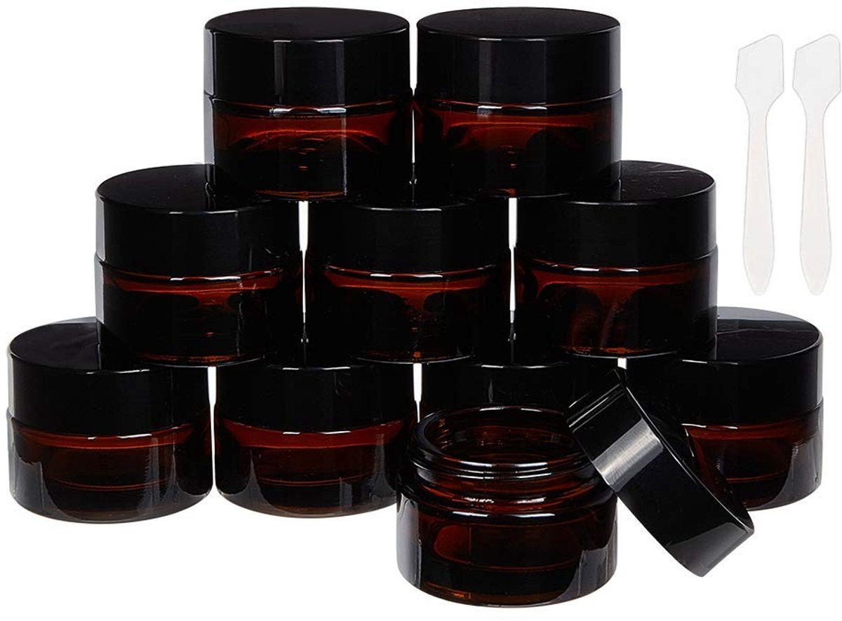 Dailygoody - Donkere Amberkleurige Cosmetische Potten - Glazen Potten voor Schoonheidslotions - 15 Stuks - Met Lepels - Vaatwasserbestendig - Geschikt