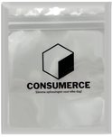 Transparante plastic zak met Consumerce logo en tekst.