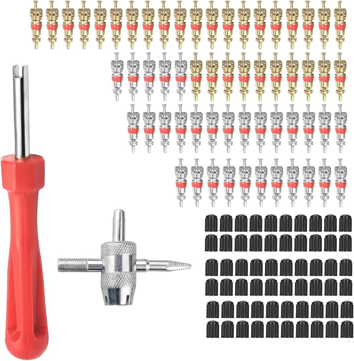 Dailygoody - Tyre Valve Tools - 122-delige set - Voor auto en motor - Inclusief ventieldoppen en gereedschap - Hoogwaardige materialen - Handig v