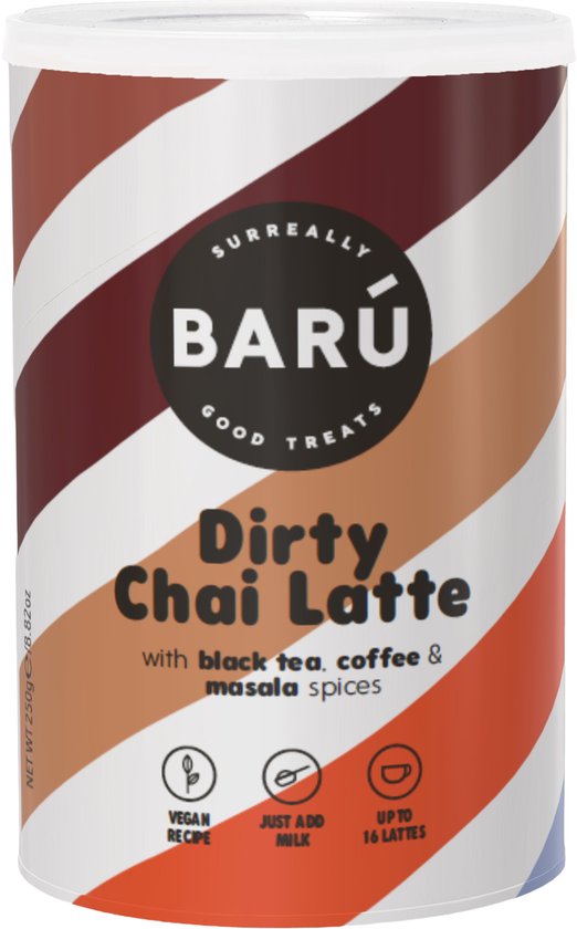 Boîte Barú Dirty Chai Latte rayures marron, orange et blanches. Contient du thé noir, du café et des épices masala.