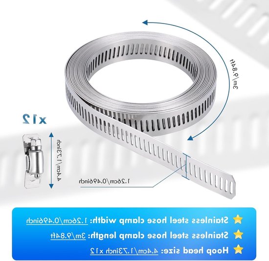 Hose Clamp Kit DIY 3 Meter Metaal met 12 Sterke Bevestigingen - Verstelbare Klemmen voor Slangen, Banden en Pijpen, Ideaal voor Klusprojecten en Reparaties — afbeelding 5