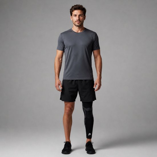 Man met zwarte sportkleding en een zwarte compressie knie sleeve met grijs patroon op zijn rechterbeen.