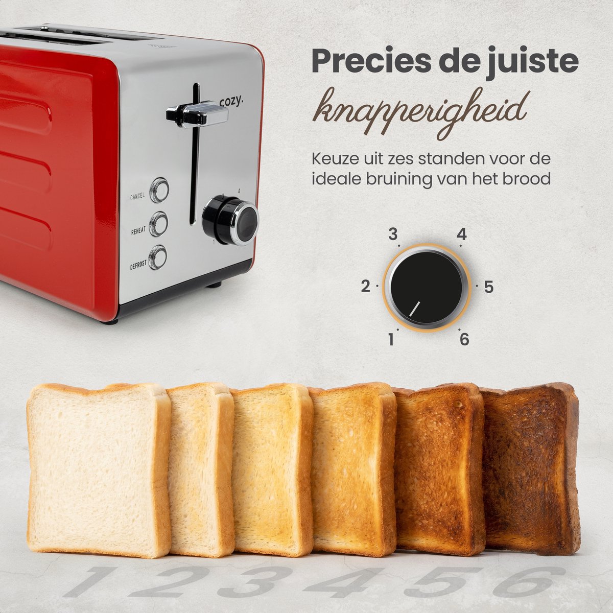 cozy.® Metalen Broodrooster met Tostiklemmen - Tosti Apparaat 850W - Retro Tosti Ijzer & Toaster - Brede Sleuven & 6 Standen - Ontdooi & Verwarm functie - Inclusief E-book - Broodrooster Rood thumbnail 6