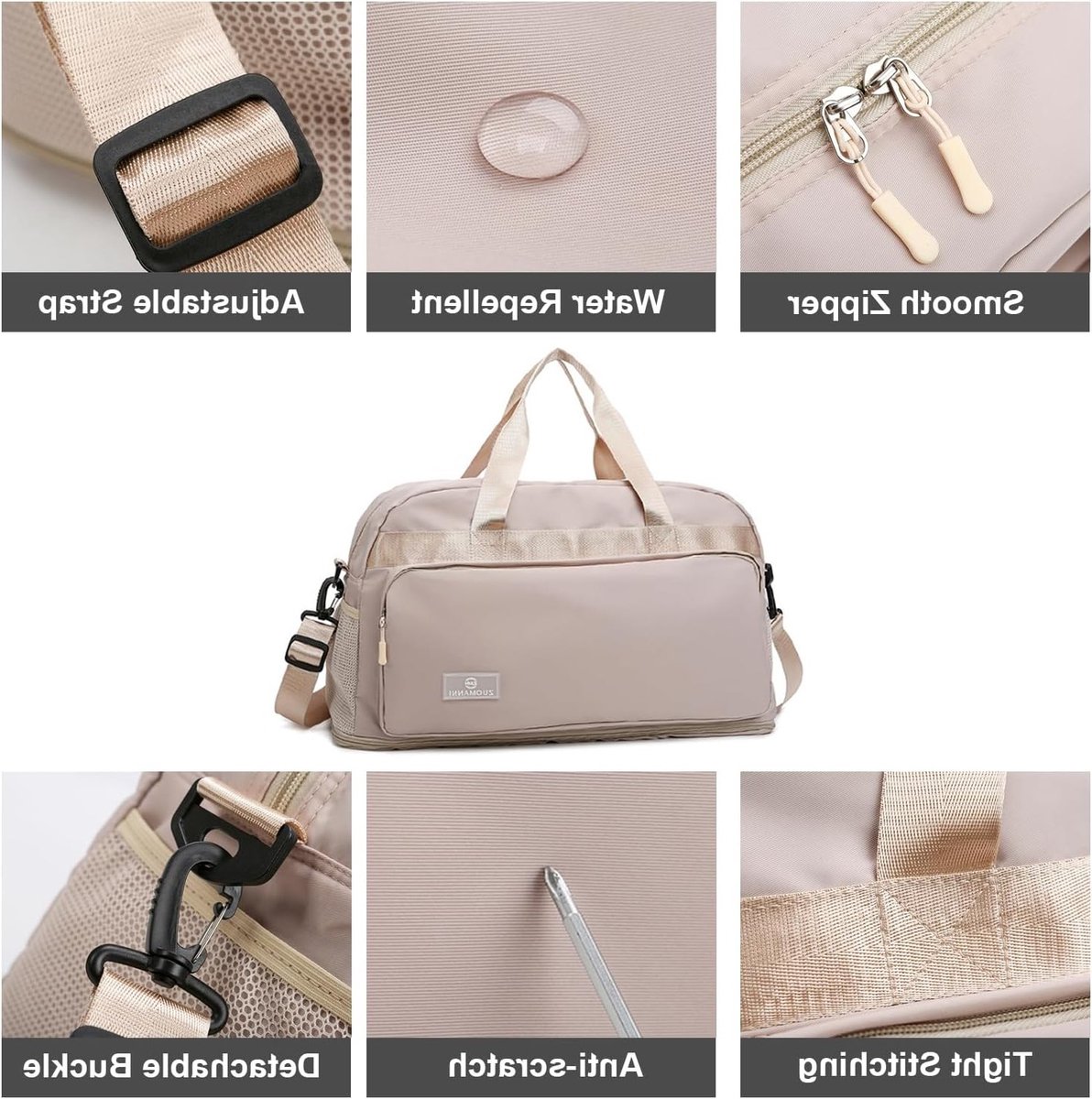 Grote Sport Duffle Bag voor Vrouwen 50L, Uitbreidbaar van 37.7L naar 50.7L, Waterdichte Sporttas voor Zwemmen, Reizen en Weekenduitjes, Ideaal als Gymtas en Handbagage, Grijs thumbnail 6