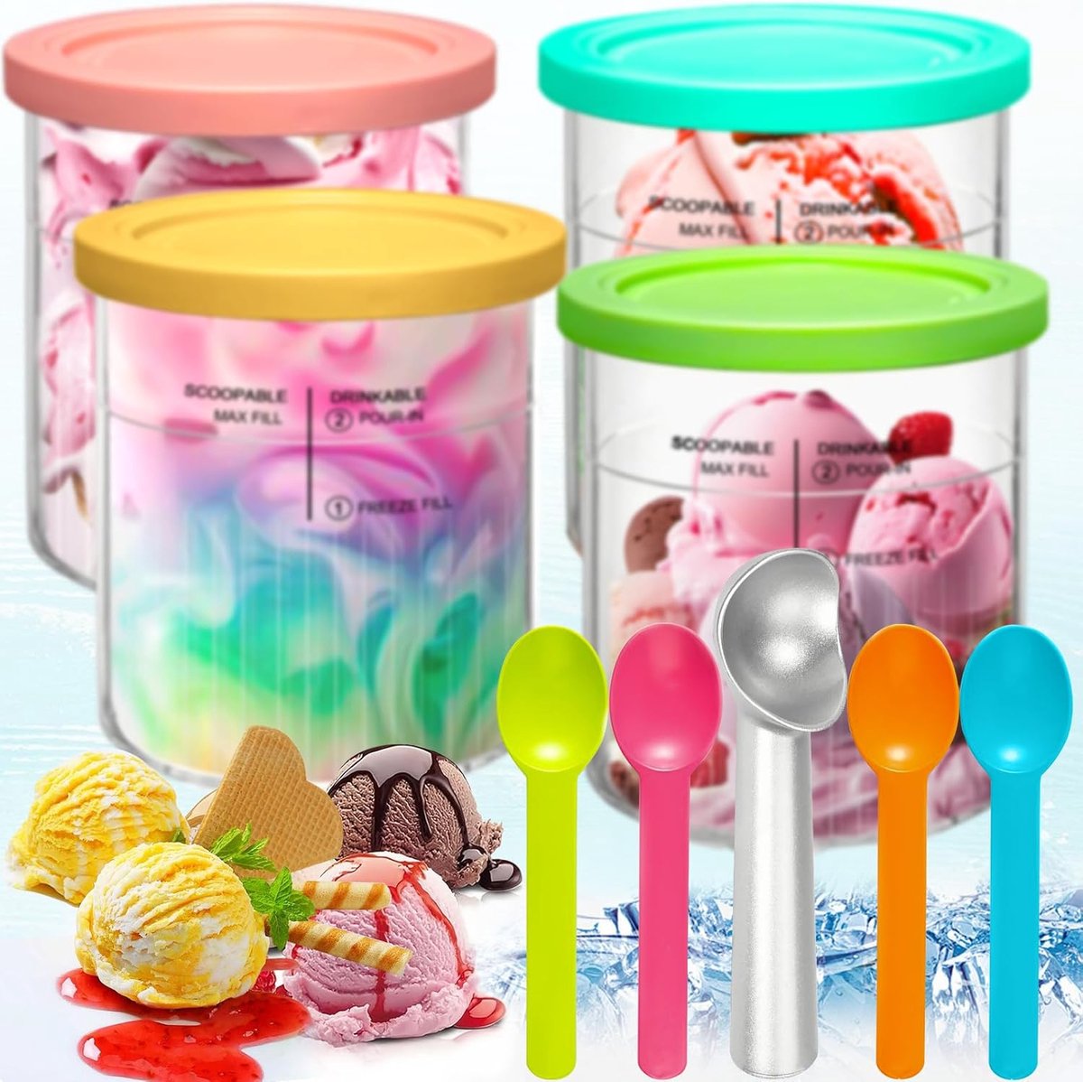 OLOEY 4-delige set speciale frishoudende beker -680ML compatibel met NC500 en NC501 ijsmachines - overdekte ijsopslagdoos + bijpassende lepel - Minja Creami ijsmachine speciale accessoires