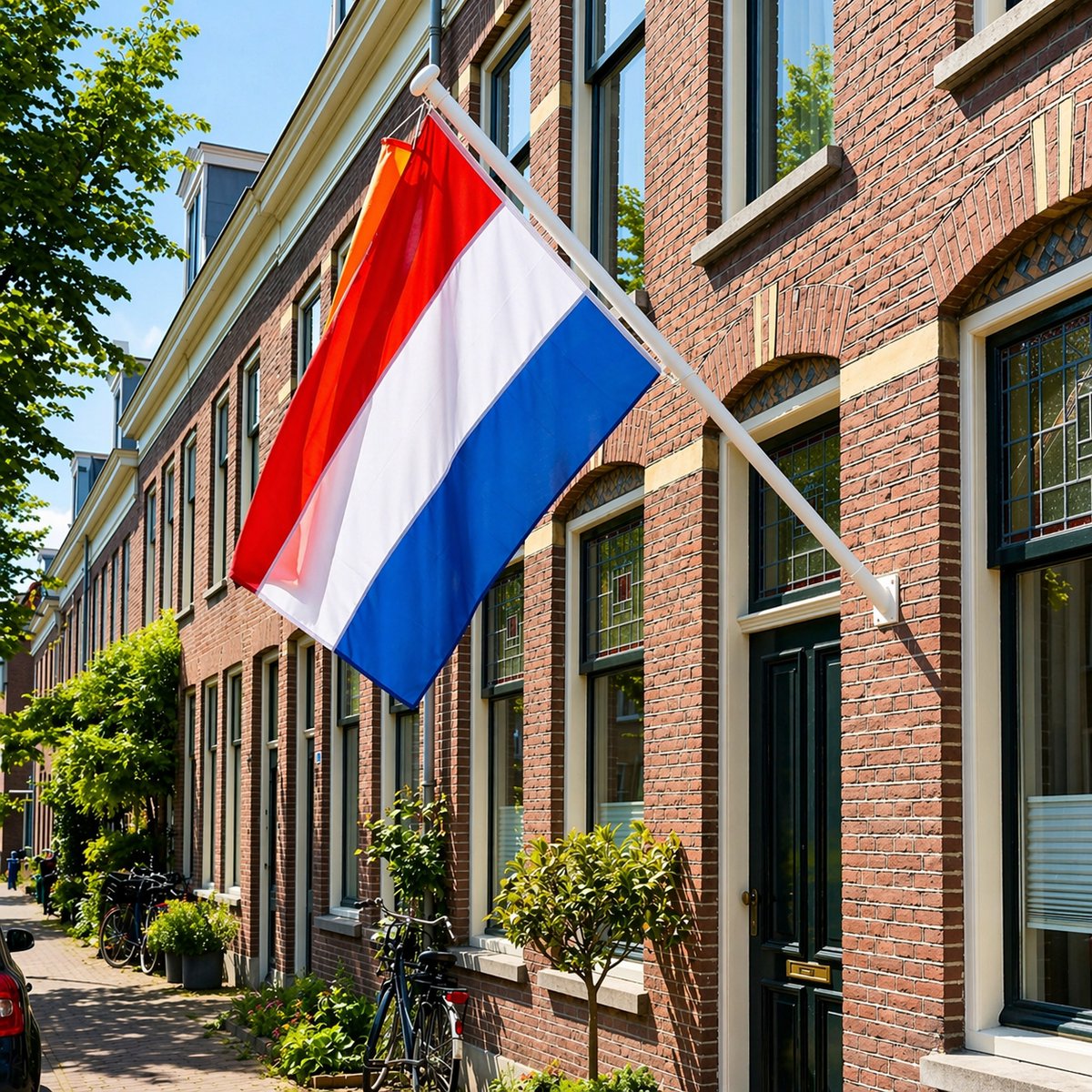 Nederlandse vlag met stok – complete set met Nederlandse vlag (150 x 100 cm) + witte vlaggenstok 200 cm + witte vlaggenstokhouder + oranje vlaggenstokknop + wimpel