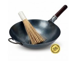 KAAMUT® Professionele Wokpan Ø36 cm Handgehamerd Blauw Koolstofstaal – Ronde Bodem – Voorgekruid – Houten Handvat & Stalen Hulphandvat – Inclusief Bamboe Wokborstel – Horecakwaliteit