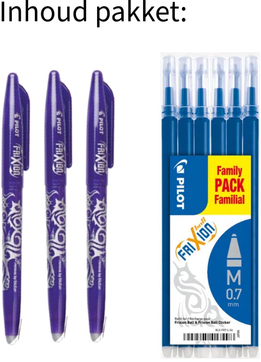 Pilot FriXion Balpen Uitwisbaar Blauw Medium 3 Stuks + Set van 6 Vulling FriXion Ball 0.7 - Blauw Medium penpunt
