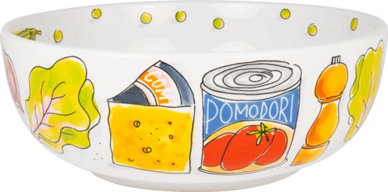 Witte slaschaal met illustraties van bladsla, kaas, tomatenblik en pepermolen.