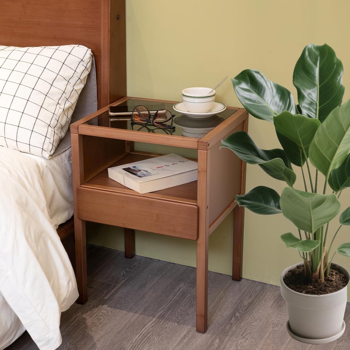 Nachtkastje bamboe & gehard glas met lade – Meuble Paris Design bijzettafel 40x40x40 cm – voorgemonteerd nachtkastje slaapkamer & woonkamer – modern minimalistisch grijs glas – stevige bamboe constructie