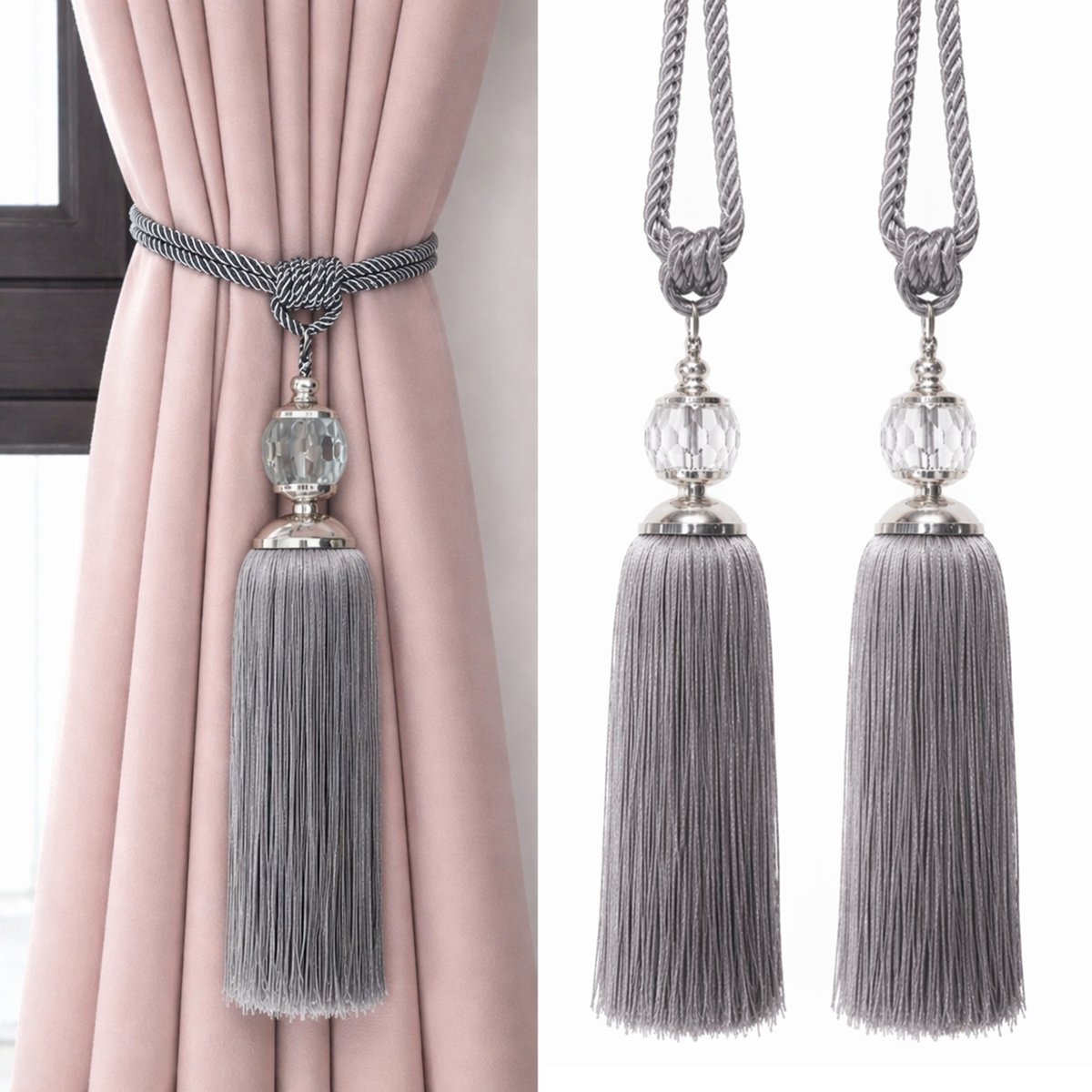 SB Line Luxe Gordijn Houder - Gordijnkwast met Koord – Grijs – Decoratieve Gordijnband - 2 Stuks