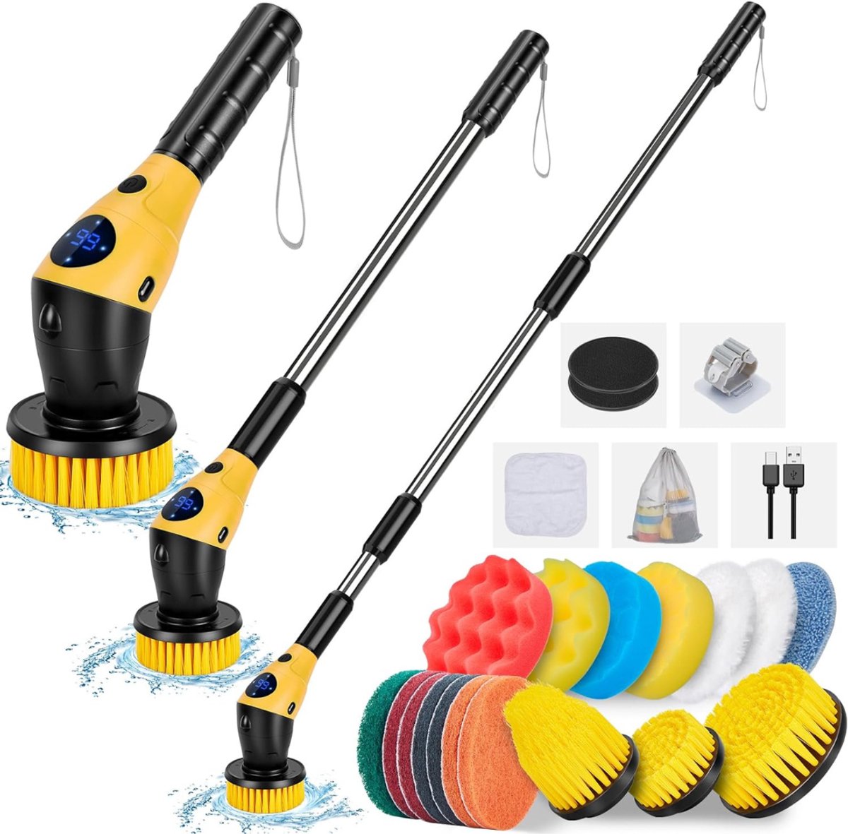 RUX® Elektrische Schrobborstel - Reinigingsborstel - Badkamerborstel - Inclusief 17 Borstelkoppen - Verstelbare Handgreep-geel - 44cxm x 18cm x 9cm