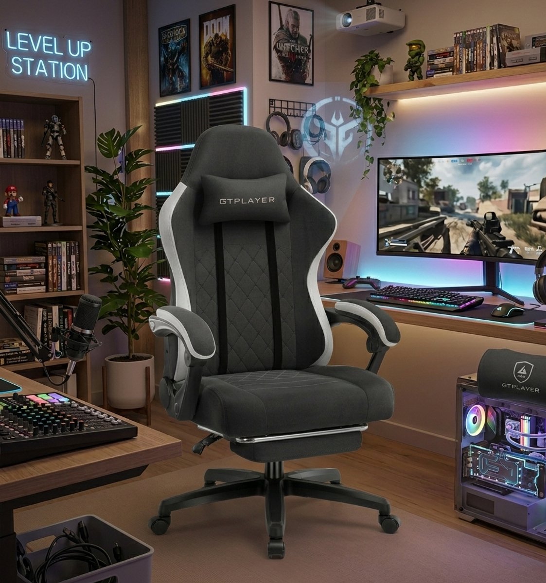 LunaSpring Pro Ergonomische Gamingstoel met Pocketvering, Voetensteun en Verstelbare Rugleuning 90°–135° – 50x50x135 cm, Belastbaar tot 150 kg, Ademende Stoffen Bureaustoel Zwart