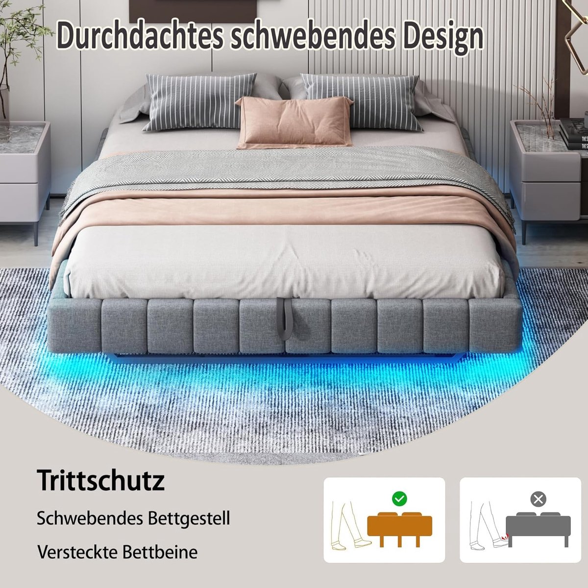 Zwevend Luxe Opbergbed 140 x 200 cm met LED Verlichting en Hydraulisch Systeem – Modern Gestoffeerd Bedframe zonder Hoofdbord, Inclusief Lattenbodem, Grijs Linnen