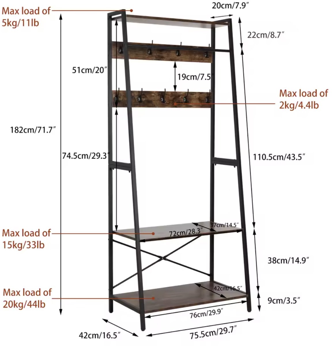 J&R Kapstok met schoenenrek en planken – Industriële Kledingstandaard met 9 Haken en Stang – Garderoberek met opbergruimte – Zwart - Donkerbruin – foto 2