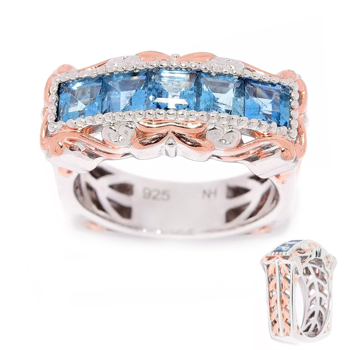Cavill - Elegante Zilveren Ring 925 Sterling met 5 Princess Geslepen Aquamarijn (1,373 ct) - Blauw Filigraan Design - Dames Sieraad