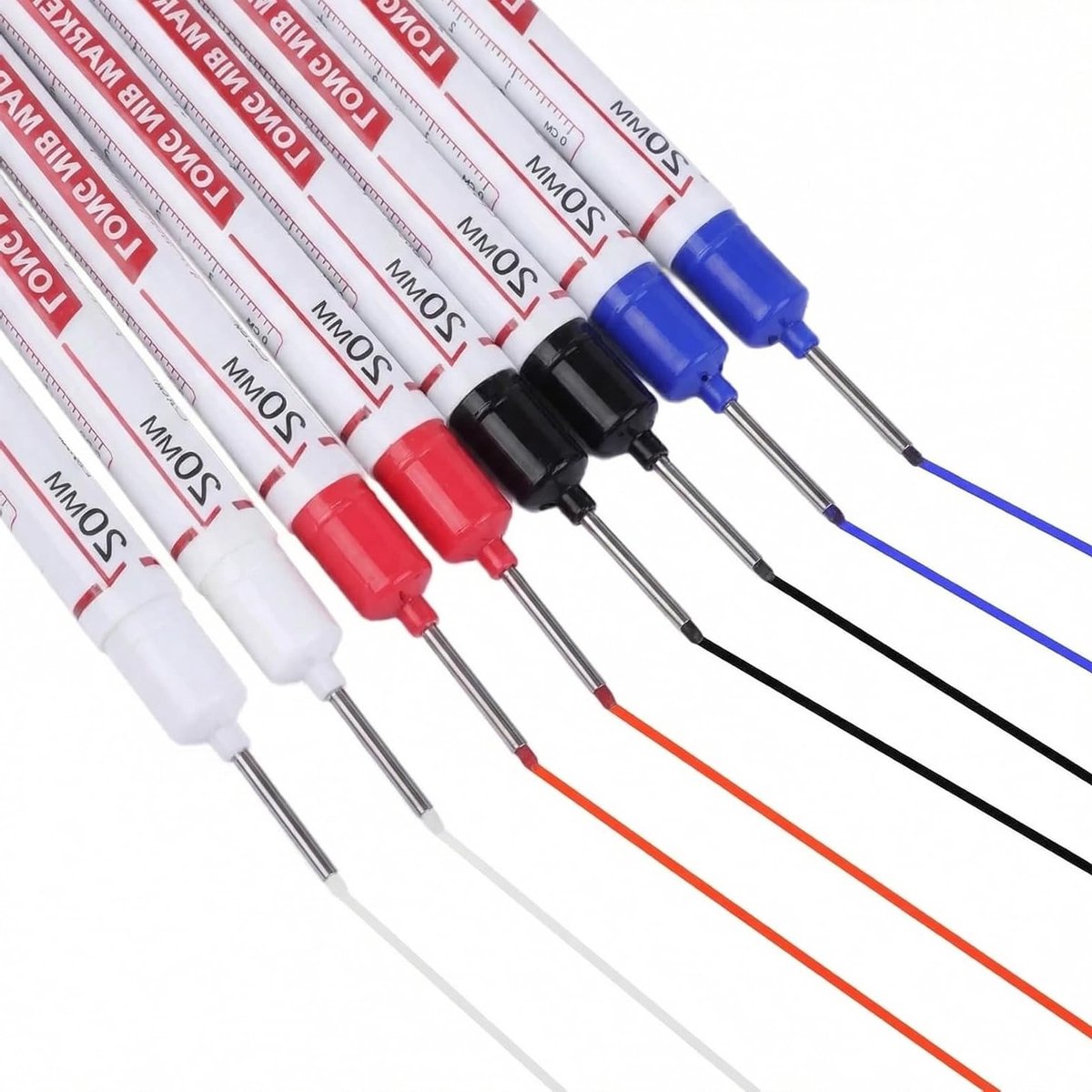 Diepe gaten markers set van 8 stuks met 20mm lange punt, waterdichte markeerstiften voor hout, metaal, plastic en karton, ideaal voor bouwprojecten en precisiewerk.