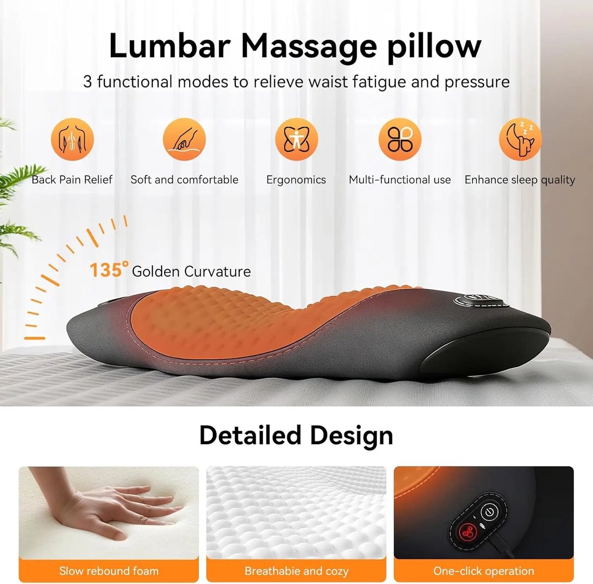 Ergonomische 3-in-1 rugmassager - Elektrische lendenmassage met warmte, vibratie, tractie en lendensteunkussen voor diepe rugmassage en ontspanning, geschikt voor bed en stoel. – foto 4