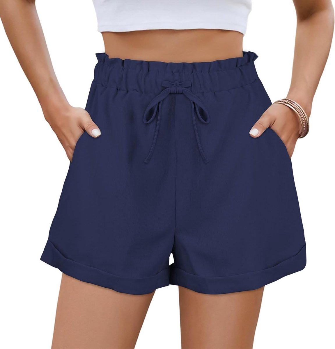 Luchtige Dames Shorts met Hoge Taille en Elastische Tailleband voor Zomer, Perfect voor Strand, Vakantie en Casual Outfits, Katoen en Linnen, Marineblauw, M