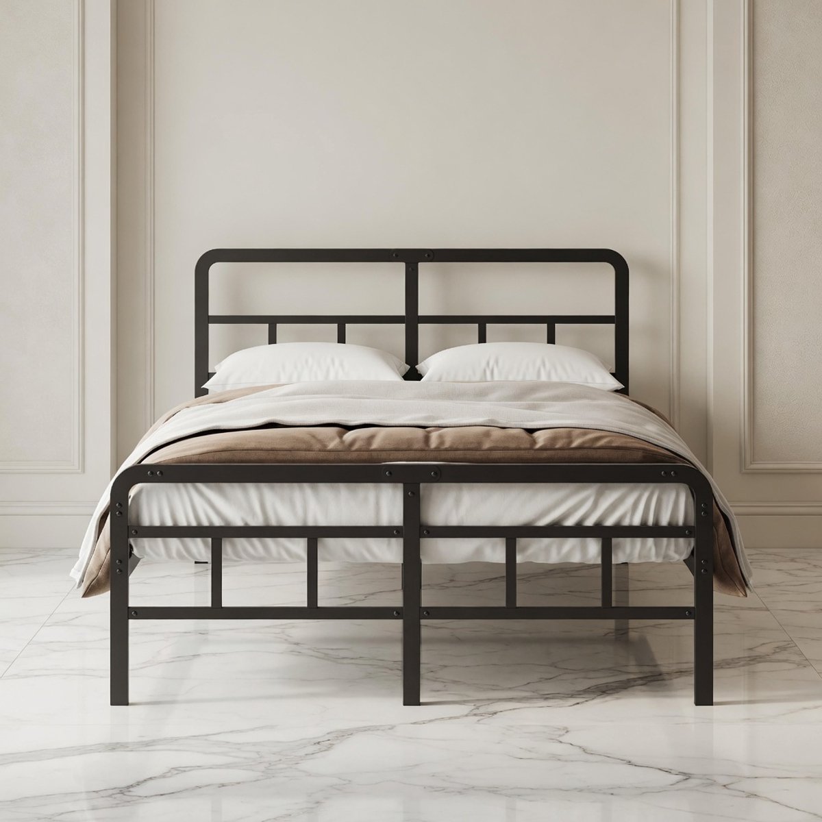 Modern Metalen Bedframe 140x200 cm – Stevig Platform Bed met Stalen Latten, Geluidsvrij Design, Opbergruimte Onder Bed, Eenvoudige Montage – Zwart – Mobili Bella