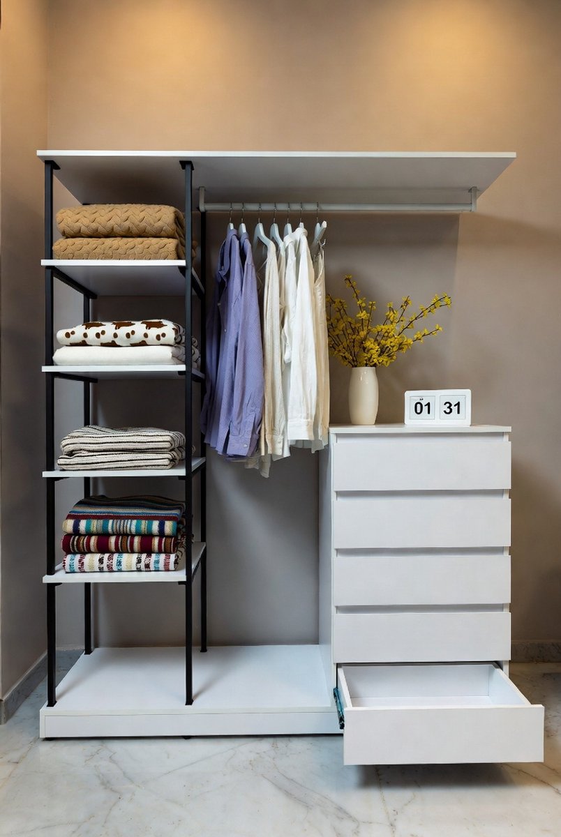 Moderne Kledingkast met Lades en Open Rekken – Multifunctionele Opbergkast met Hanggedeelte, Schoenenrek en Commode – 140x40x135 cm – Wit | Mobili Bella