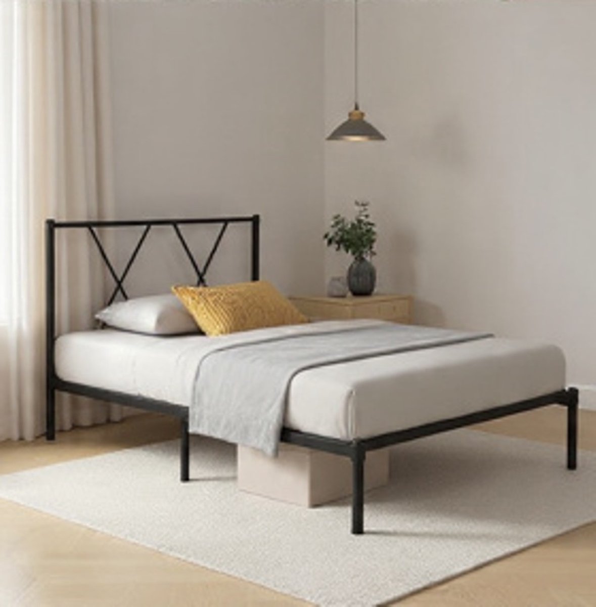 Modern Metalen Bedframe 140x200 cm met Hoofdbord – Stevig Stalen Bed zonder Boxspring – Inclusief Lattenbodem & 30 cm Opbergruimte – Eenvoudige Montage – Zwart – Mobili Bella