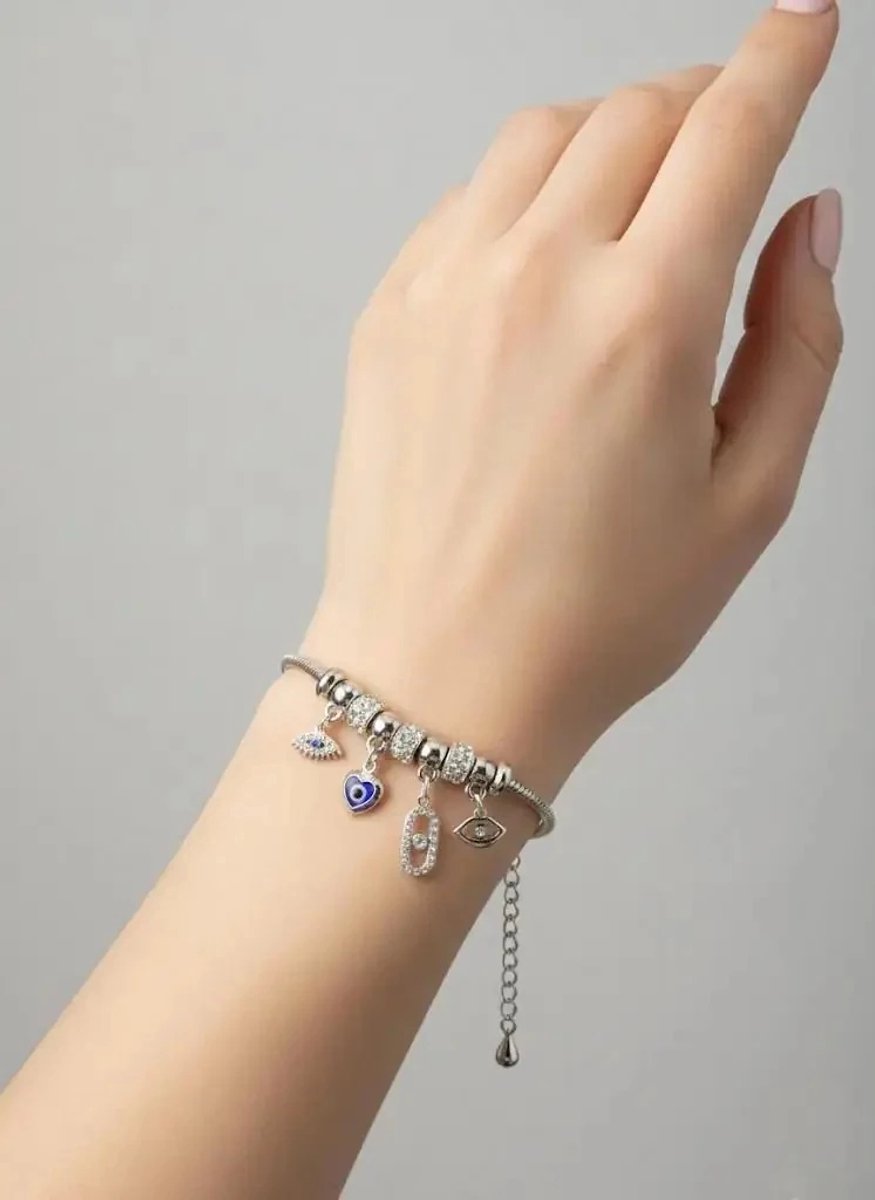 Dorvina 316L Roestvrij Staal Verstelbaar Zirkonia Zilverkleurig Boze Oog Bedel met Bedel Armband