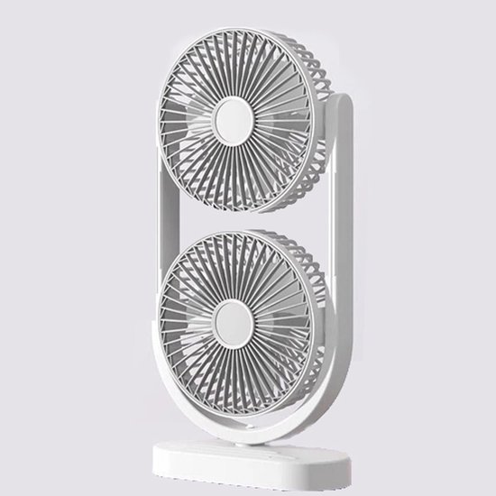 Draadloze duo tafelventilator met dubbele kop, stille USB ventilator, 3 snelheden, verstelbaar, wit