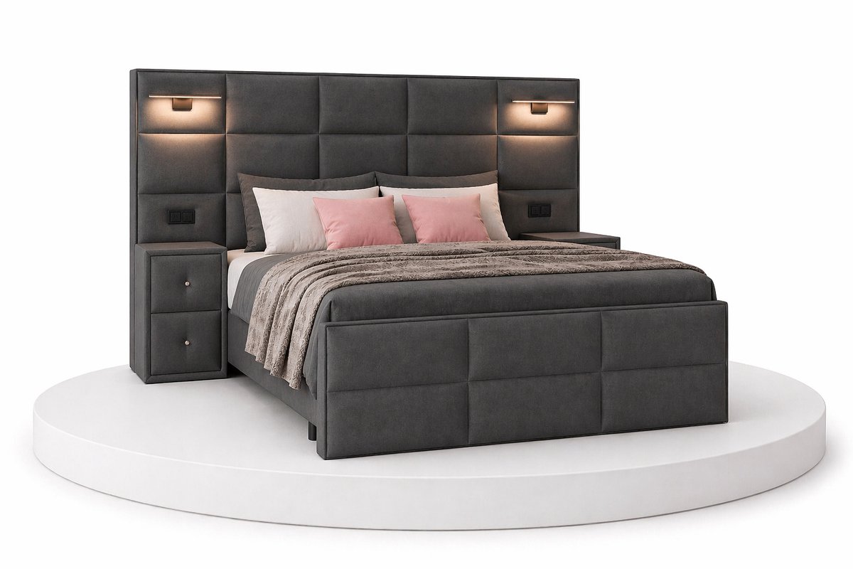 Boxspring Veloura - 180x200 Compleet - Met nachtkastjes - Antraciet - Ledjes & Stopcontacten - BalBedden