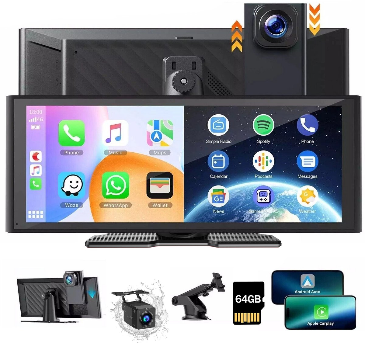 ESSGOO Draagbare Carplay Scherm 10 inch - met Voor en Achter Dashcam - Mit 32GB - Auto - Universele Android Auto voor Oude Auto
