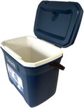 Donkerblauwe Coleman koelbox met wit handvat en deksel open.