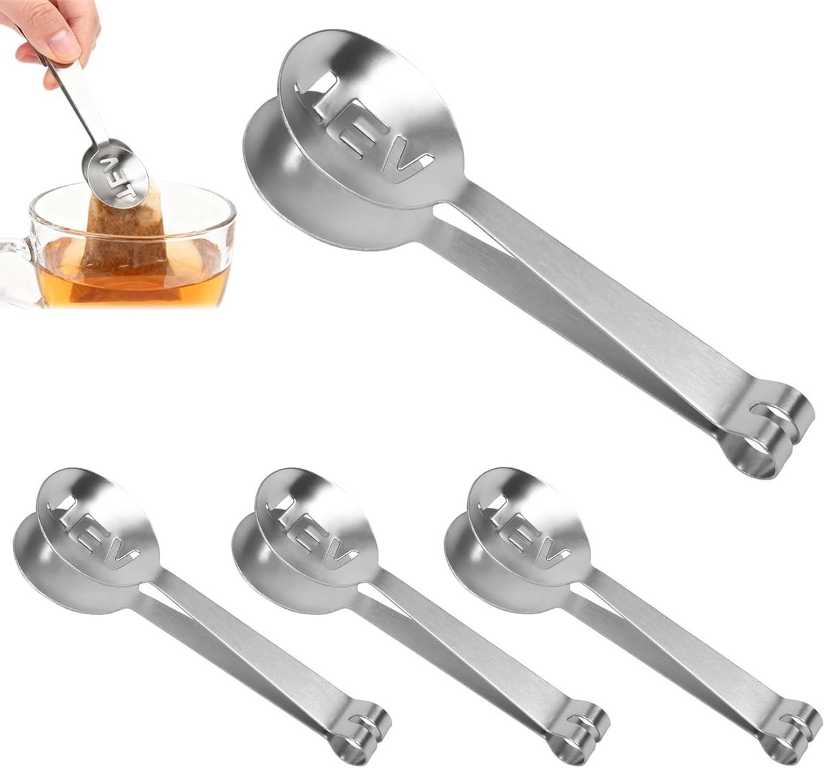 Theezakpers set van 4, roestvrijstalen tang voor theezakjes, suikertang en theezakclip, ideaal voor keuken en bar, duurzaam en hittebestendig
