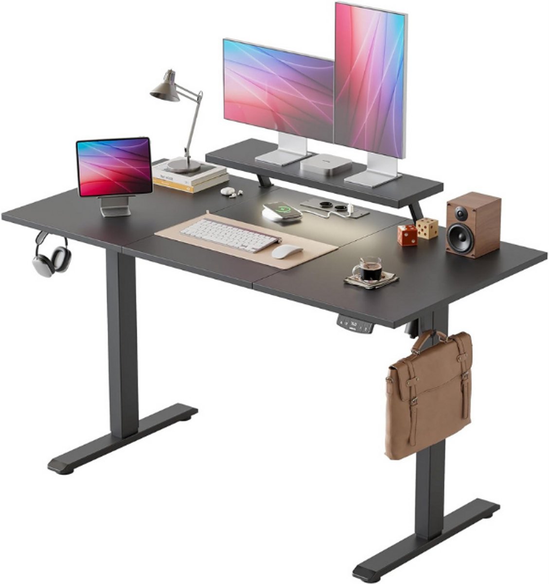 Agilestic Elektrisch in hoogte verstelbaar bureau 140 x 60 cm met beweegbare monitorstandaard, LED-lichtbalk en USB-poort, staand bureau met 3-delig tafelblad, computertafel, zwart