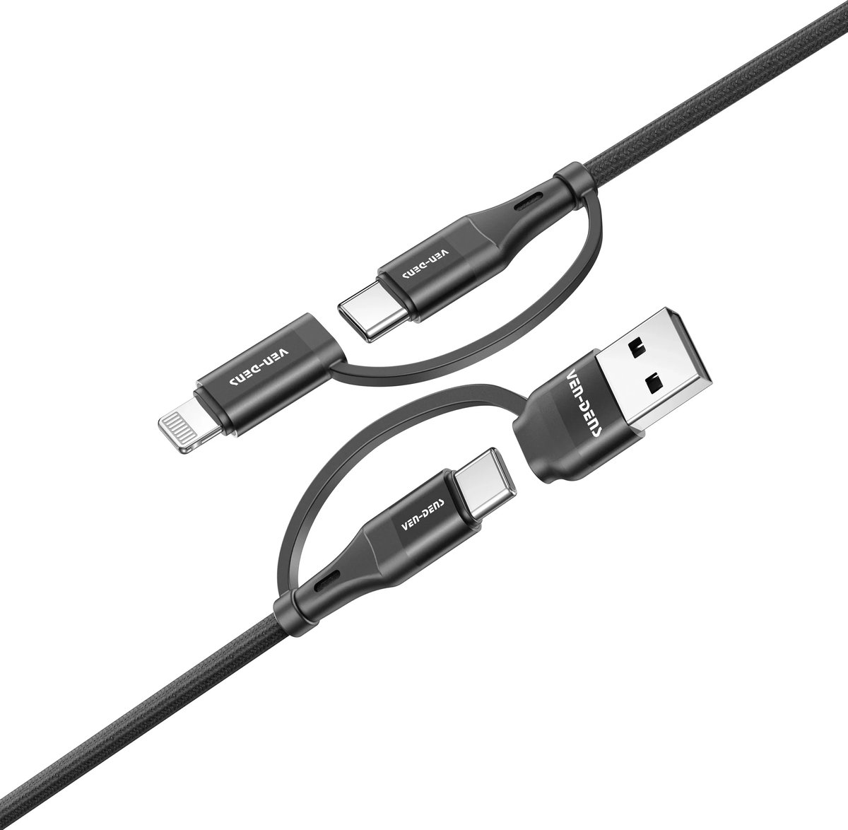 Ven-Dens 60W snelladen 4-in-1 USB-A Type-C IP-kabel met gevlochten nylon en aluminiumlegering /// voor telefoons