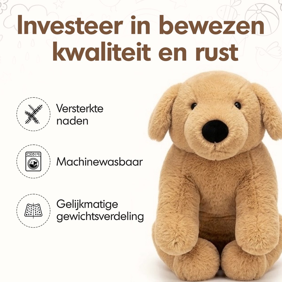 LunaGood® Verzwaringsknuffel hond - Volwassenen & kinderen - 50cm/2.4kg - Verzwaarde knuffel - Weighted stuffed animal - Plushie - Kalmerend - Anti-stress - ADHD - Autisme — afbeelding 7