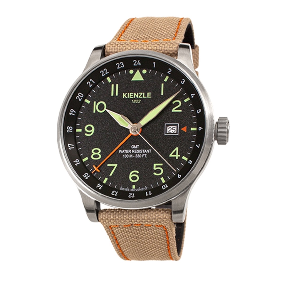 KIENZLE Horloge - Reisen - GMT Quarz KG423A - Wijzerplaat Zwart - Sportief Elegante Beige Polsband